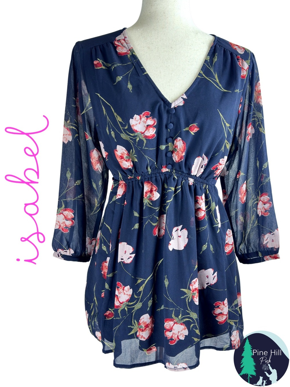 Isabel Maternity Ingrid & Isabel Top Navy Floral Chiffon 3/4 Sleeve Size Medium
